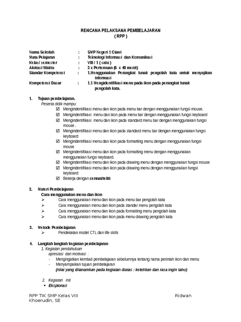 Rpp Tik Smp Kls 8 Semester 1 Doc