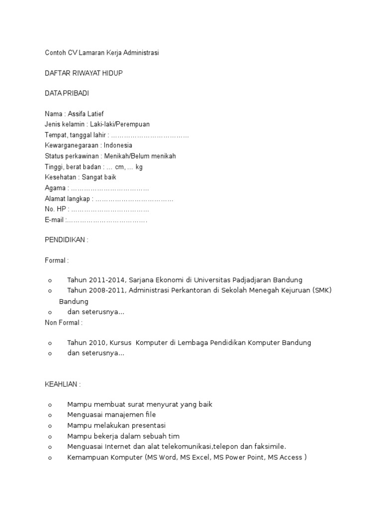 Contoh Cv Administrasi Perkantoran - Contoh CV Menarik