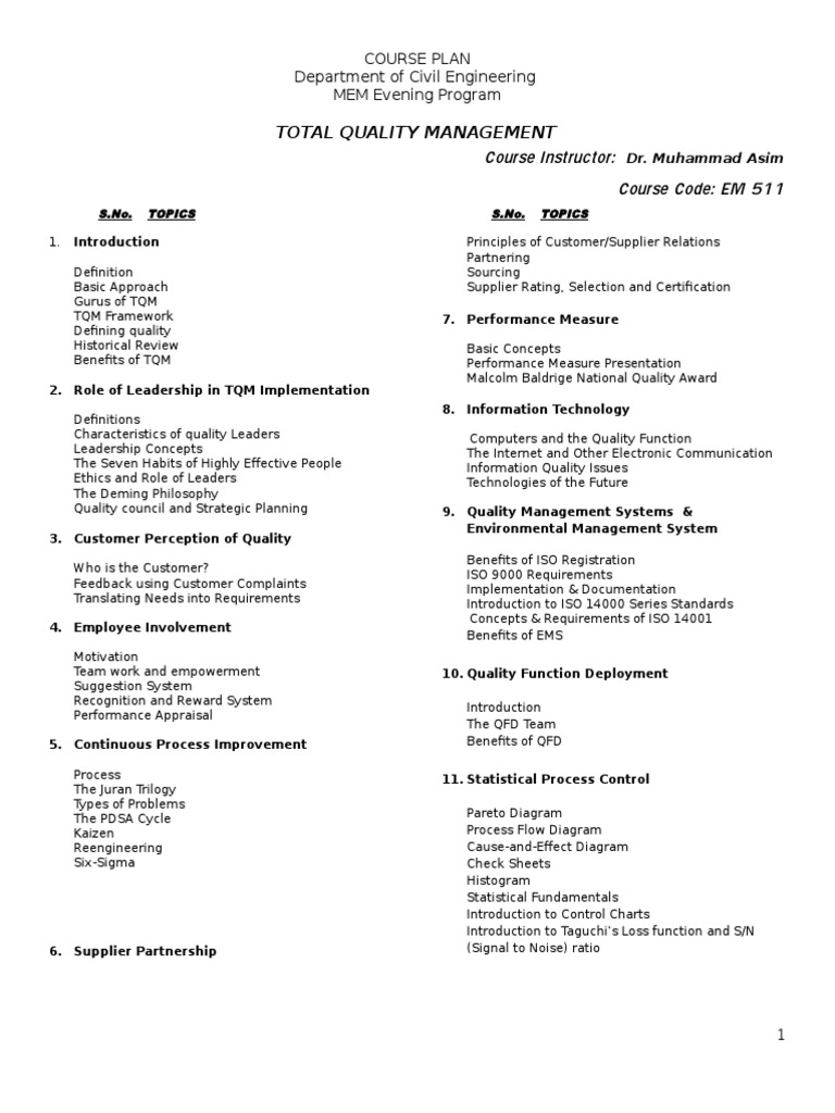 Total Quality Management Course Plan | PDF
