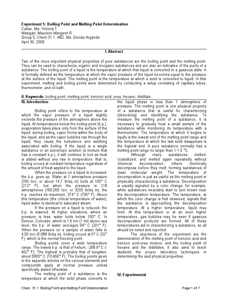 Experiment 5: Boiling Point and Melting Point Determination | PDF ...