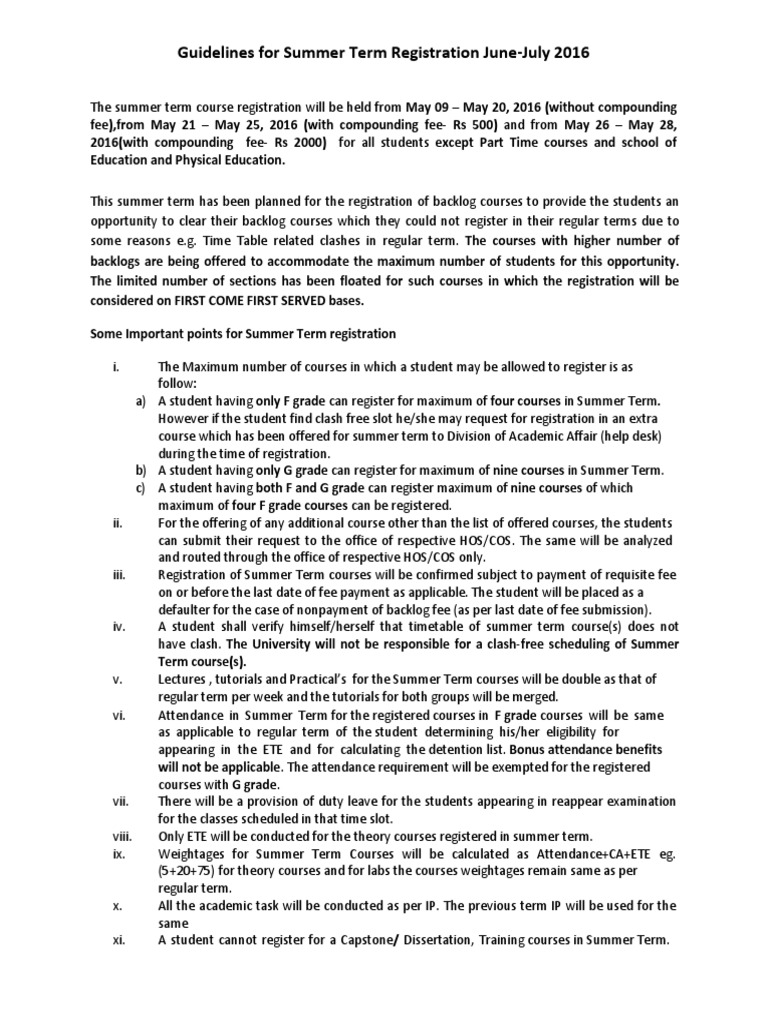 Guidelines For Summer Term Registration | PDF | Fee | Postgraduate ...