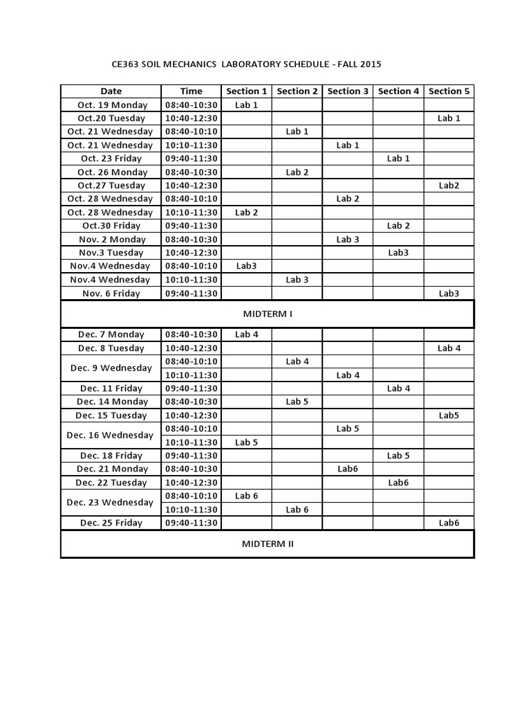 CE363 Soil Mechanics Lab Schedule 2015 | PDF | Science & Mathematics