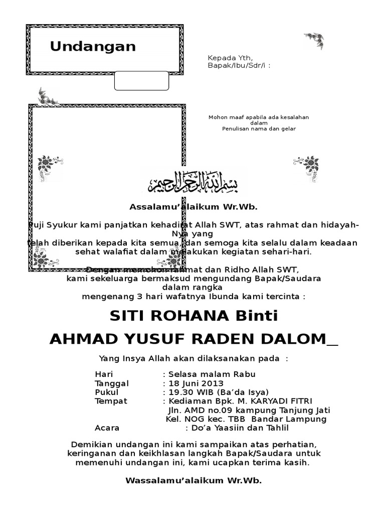 Contoh Surat Undangan Tahlil 40 100 1000 Hari Haul