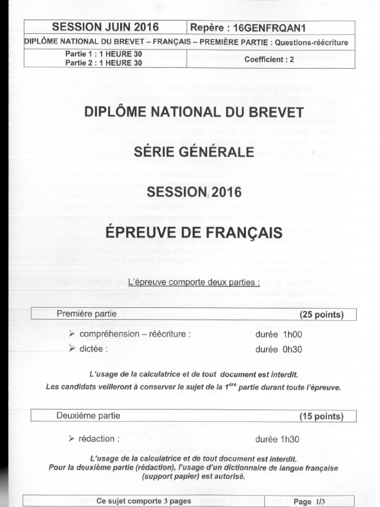 Sujet Et Corrigé Brevet Français 2016 Brevet 2016 Washington Francais Sujet | PDF
