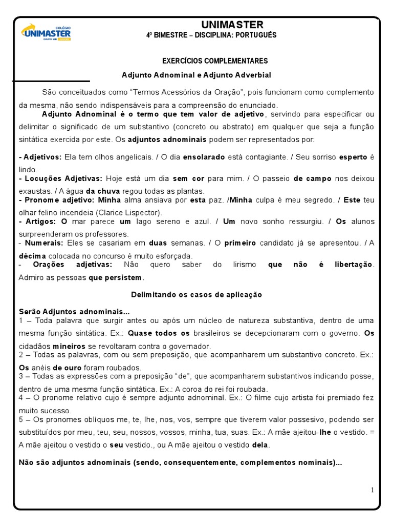 Adjunto Adverbial Exercícios Com Gabarito 8o Ano