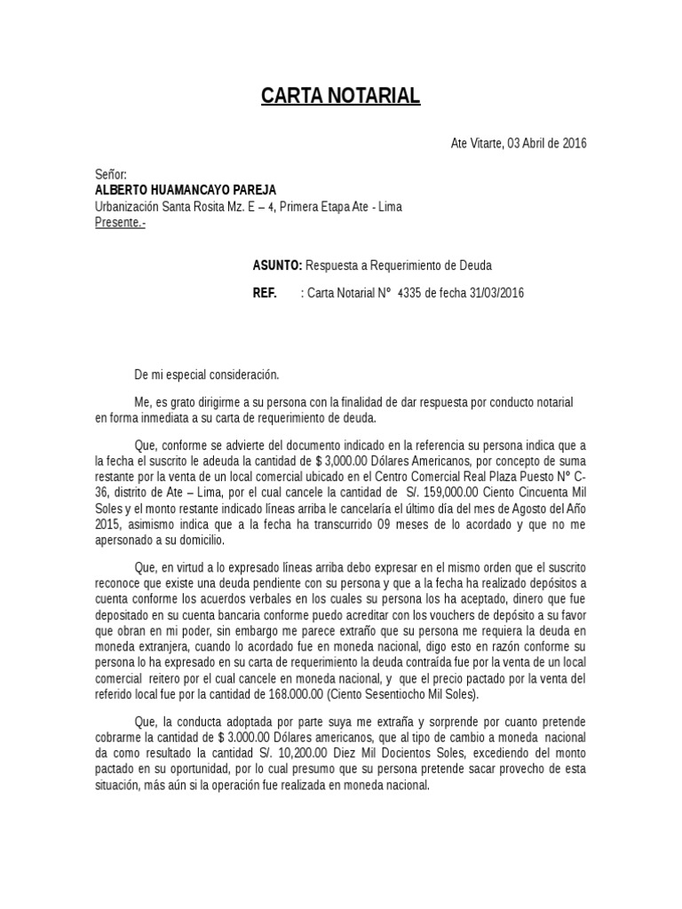 Carta Notarial Contestacion de Deuda  Deuda  Pagos