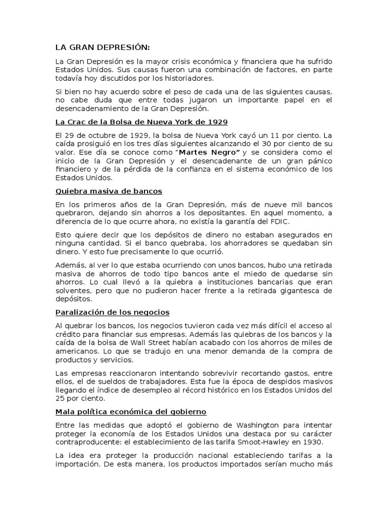 Causas y consecuencias de la Gran Depresión | PDF | Gran depresion ...