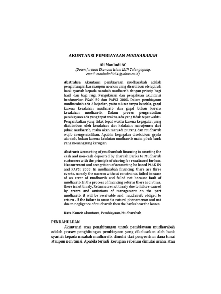 Akuntansi Pembiayaan Mudharabah