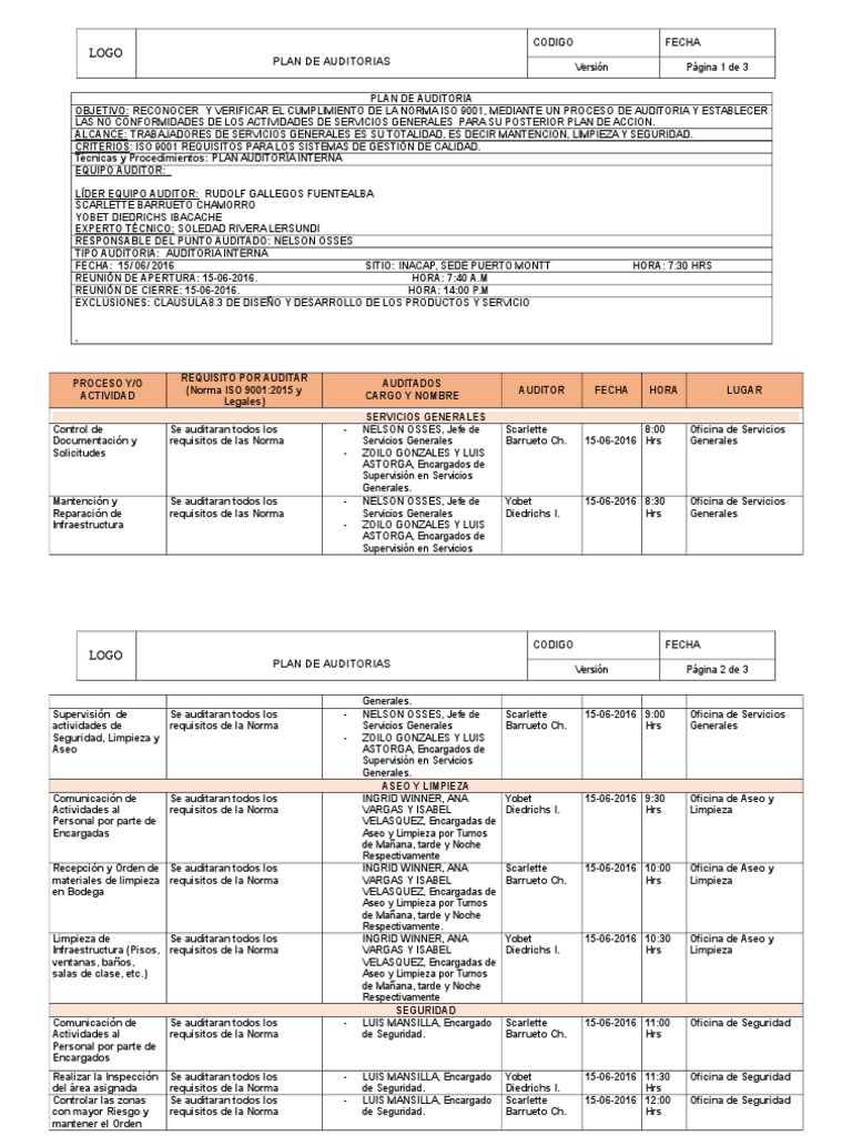 Plan de Auditoría ISO 9001 Servicios Generales | PDF