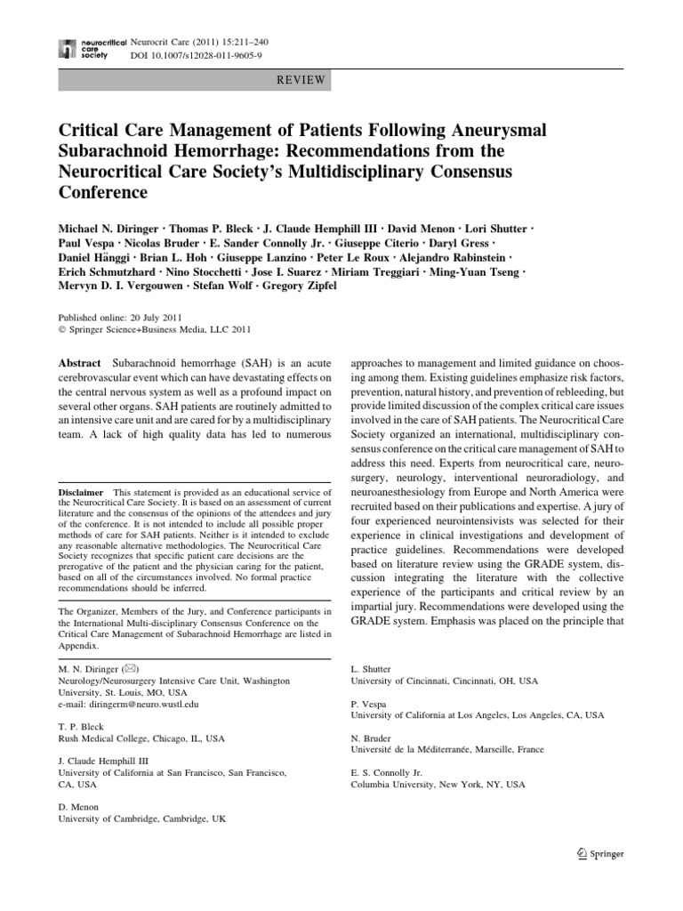 Critical Care Management of Patients Following Aneurysmal PDF | PDF ...