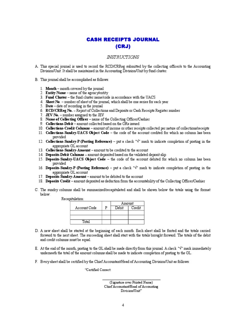 Cash Receipts Journal Instructions | PDF