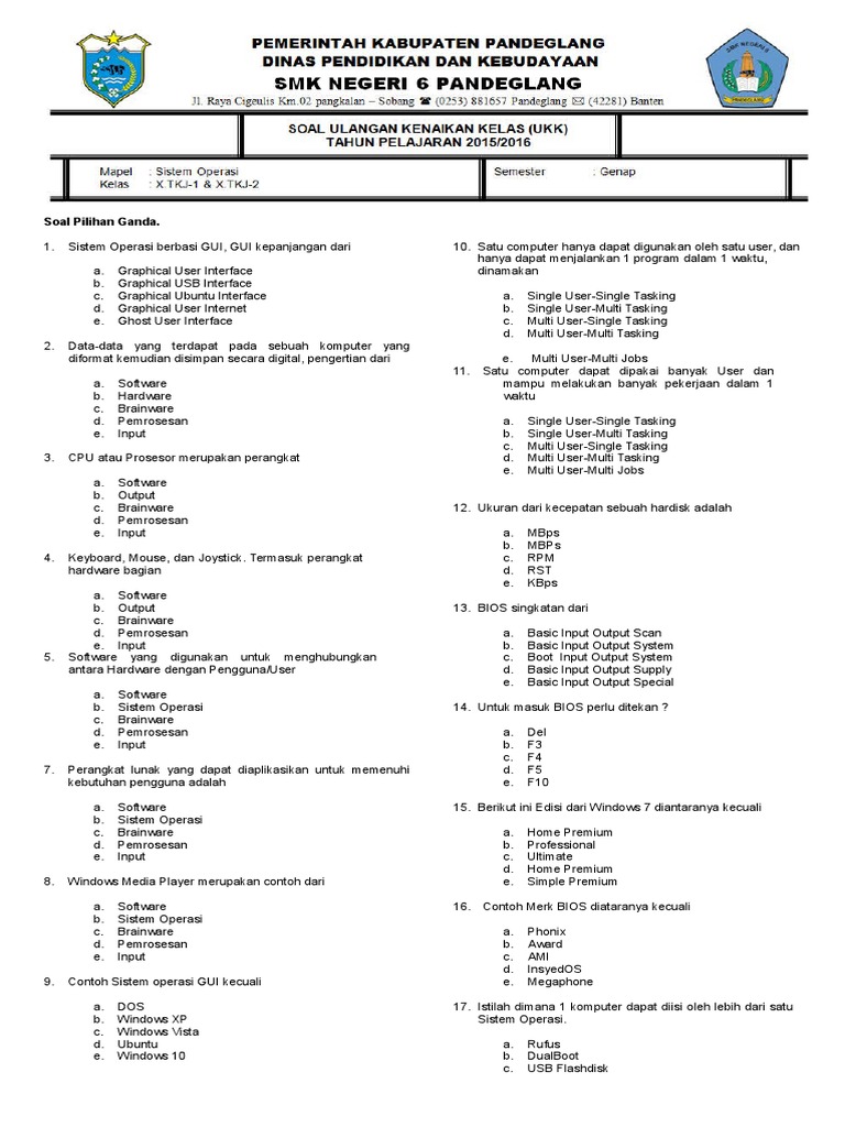 Contoh Soal UAS Ganjil 2015 2016 TKJ Melakukan Instalasi