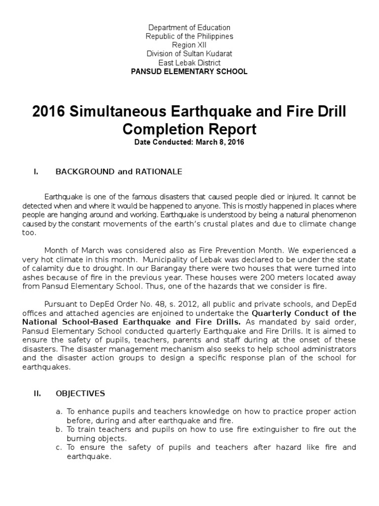 2016 Simultaneous Earthquake and Fire Drill Completion Report