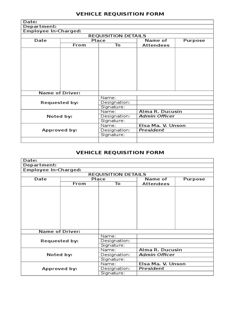 Vehicle Requisition Form: Name: Designation: Signature: Name ...