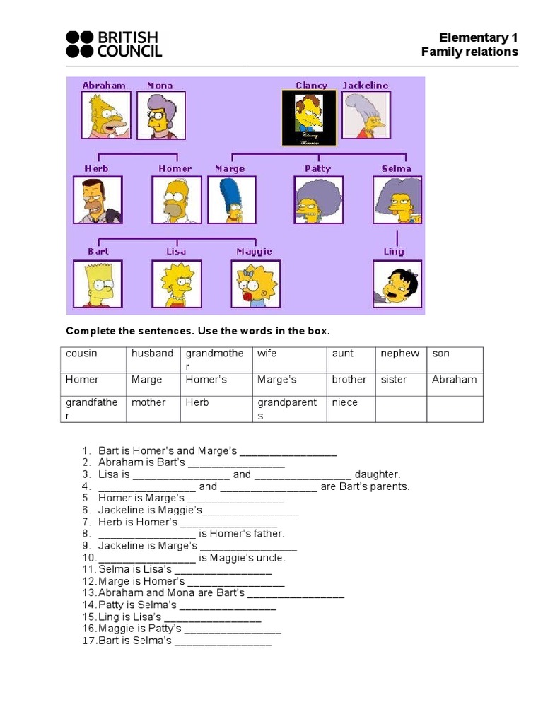 Elementary 1 Family Relations: Complete The Sentences. Use The Words in ...