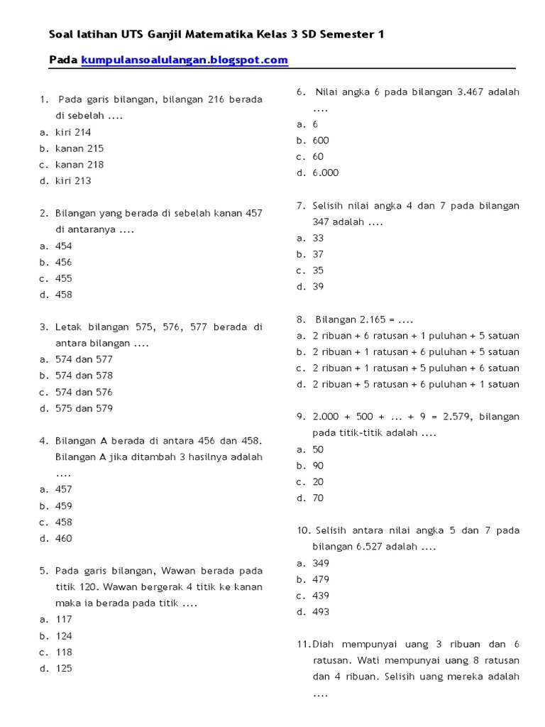 Soal UTS Matematika Kelas 3 Semester 1 | PDF