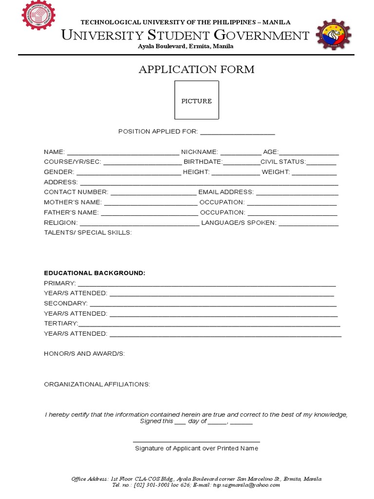 TUP Manila Student Government Application Form | PDF | Career & Growth