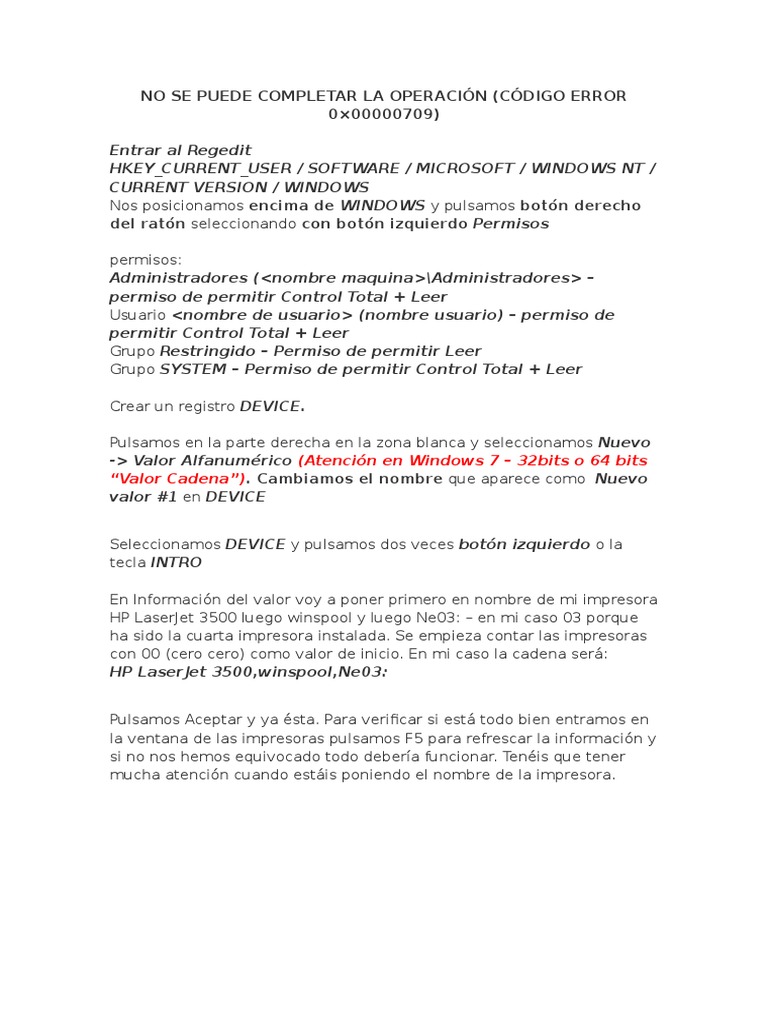 Solución al error 0x00000709 en impresoras | PDF | Informática