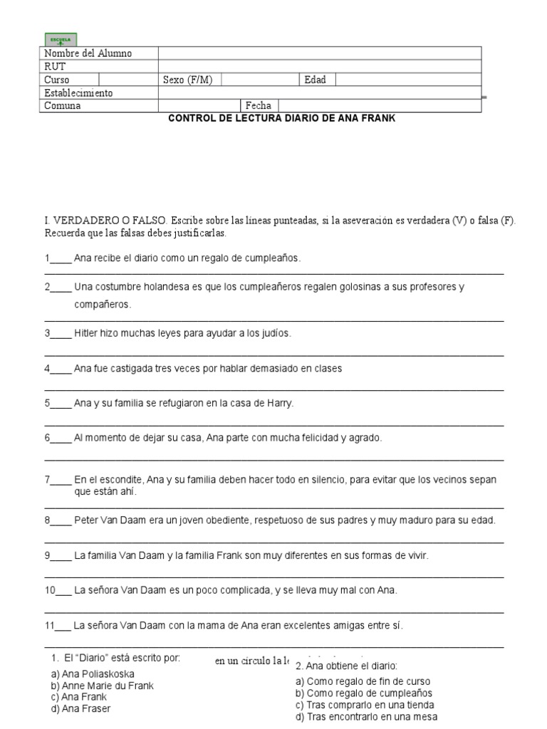 Control de Lectura Diario de Ana Frank Anne Frank Unrest