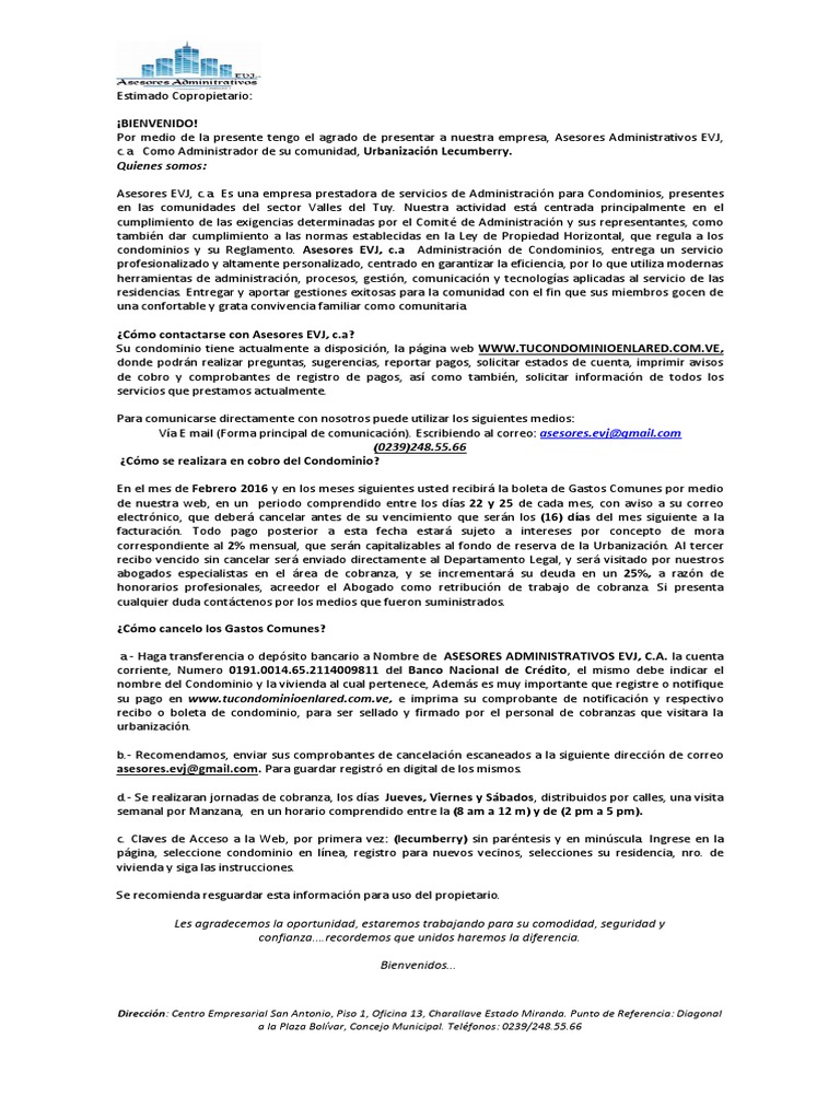 Carta de Bienvenida Lecumberry PDF Condominio Bancos