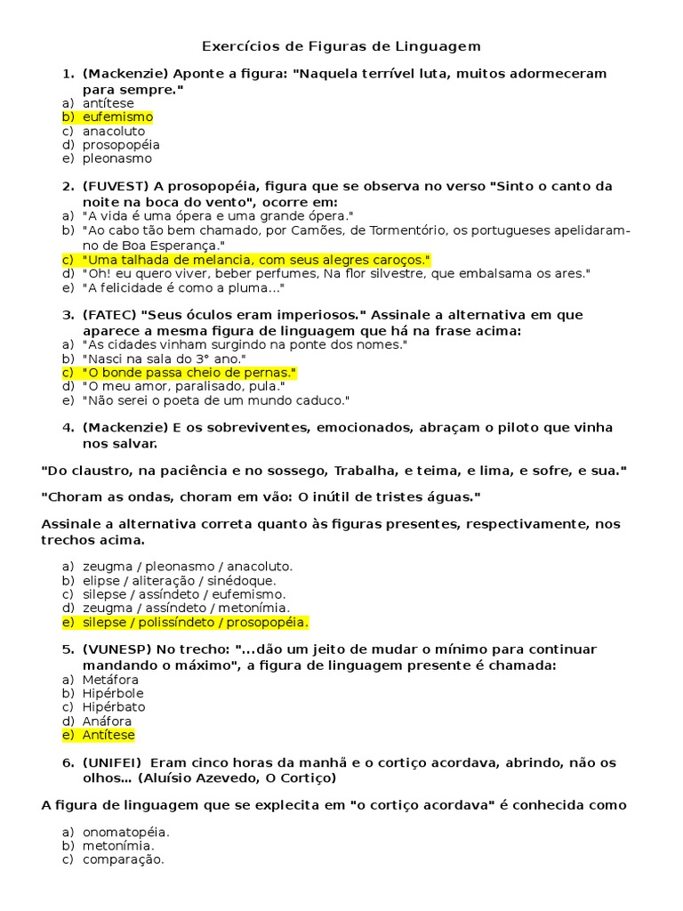 Quiz De Perguntas Sobre Figuras De Linguagem