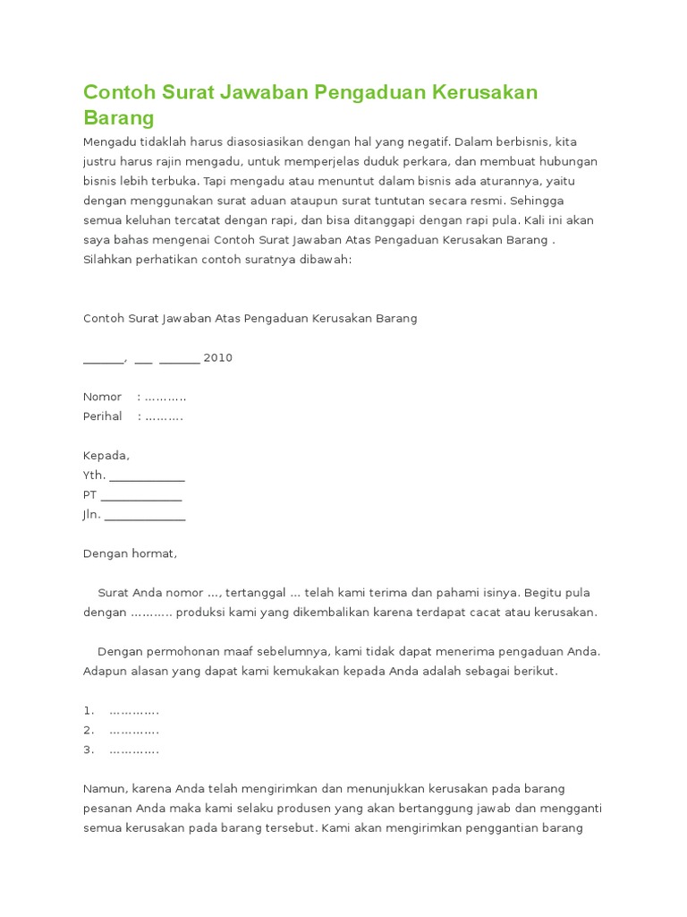 Contoh Surat Jawaban Pengaduan Barang Rusak Site Spirit