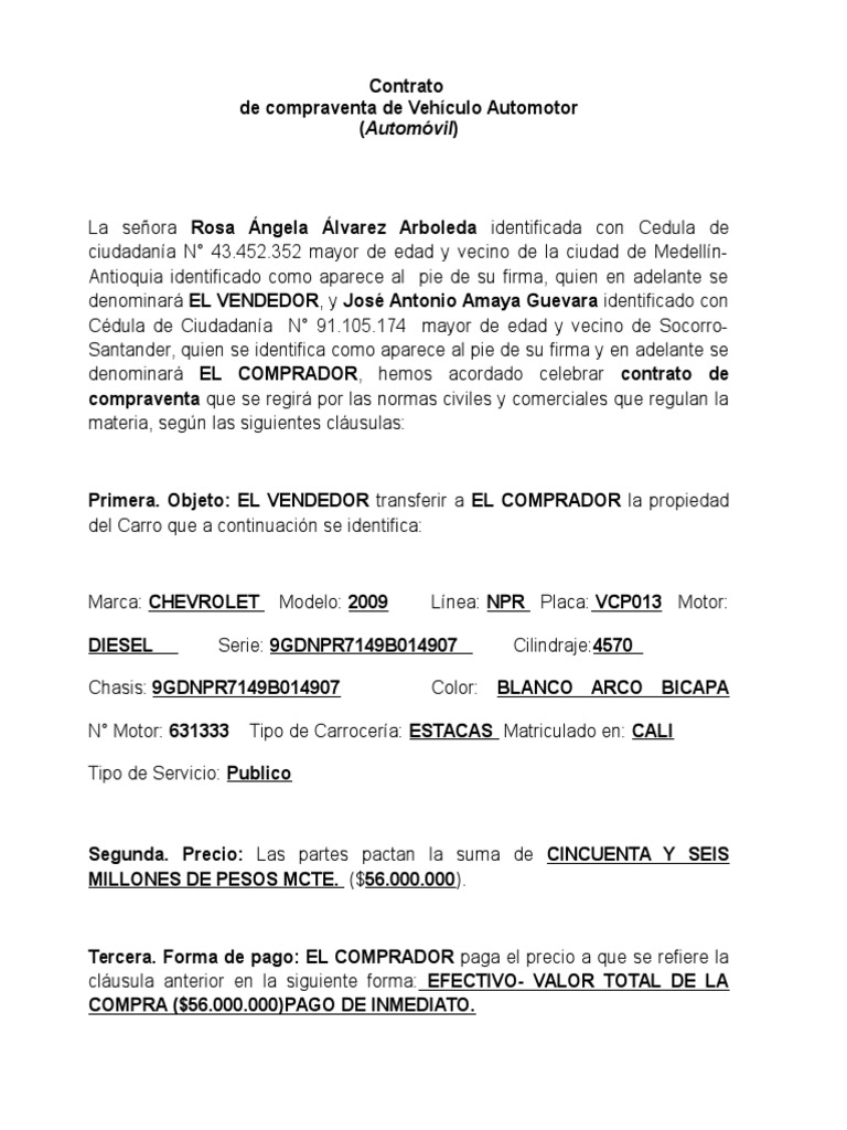 Contrato Compraventa de CARRO Gobierno Política