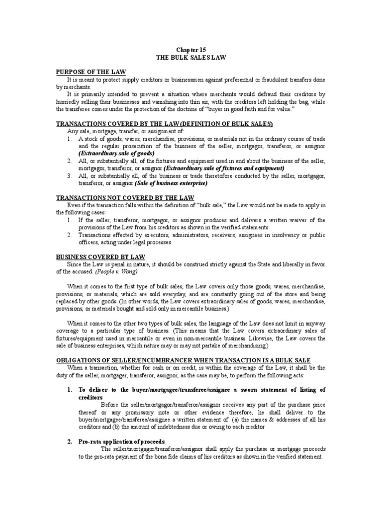 Chapter 15 The Bulk Sales Law PDF Assignment (Law) Mortgage Law