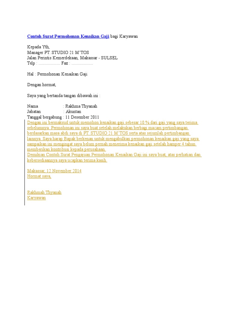 Contoh Surat Permohonan Kenaikan Gaji Bagi Karyawan