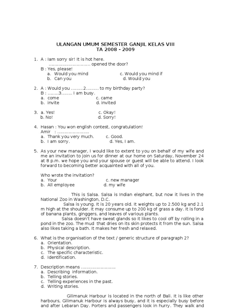 Ulangan Semester Ganjil Bahasa Inggris Kelas 7