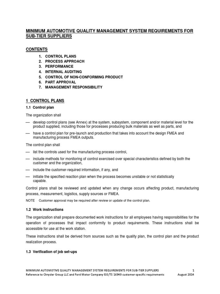 Minimum Automotive Quality Management System Requirements for Subtier