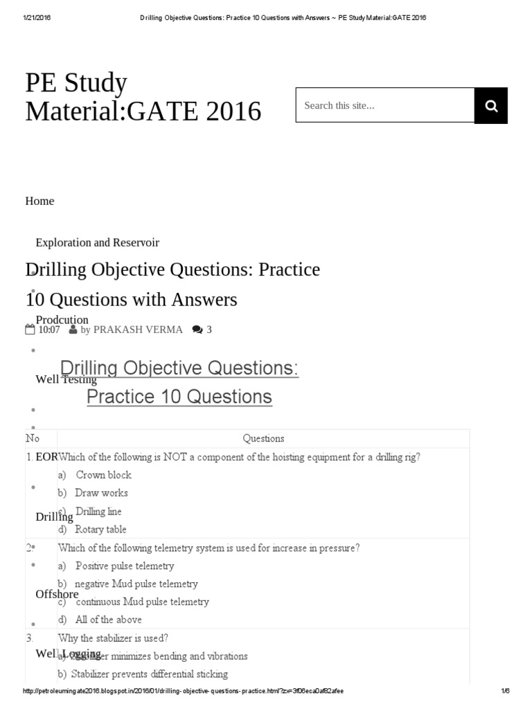 Drilling MCQs: Practice Questions & Answers | PDF | Oil Well | Drilling Rig