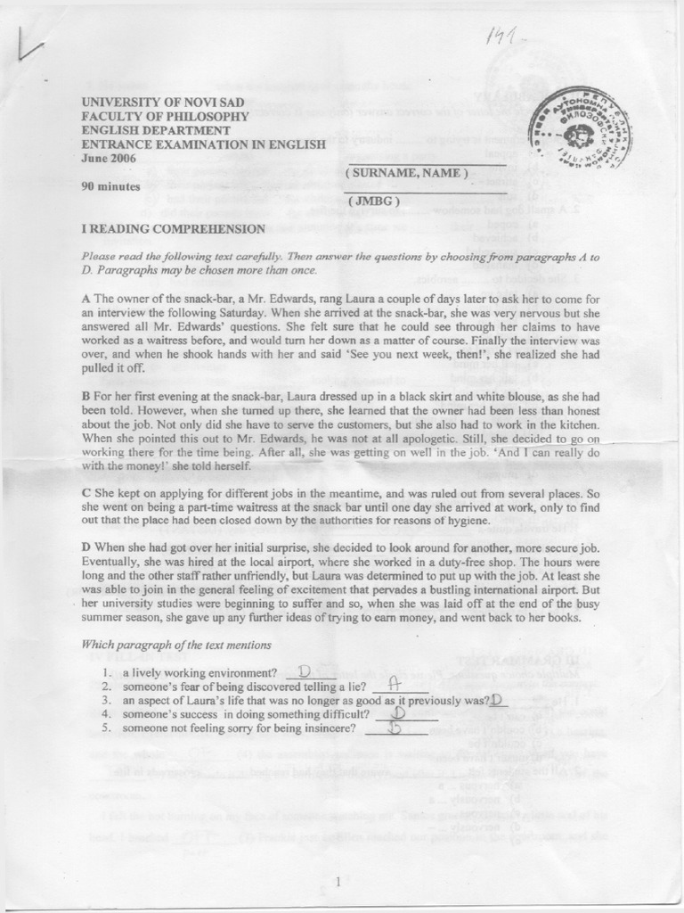 Test, Anglistika 2006 | PDF