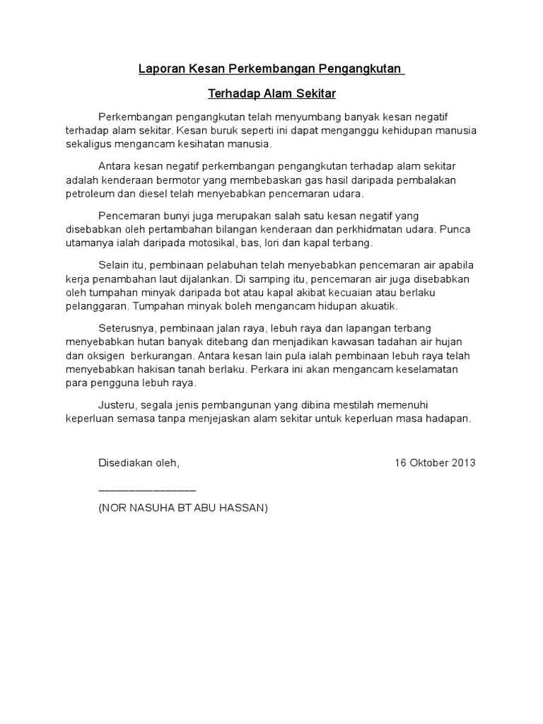 Laporan Kesan Perkembangan Pengangkutan
