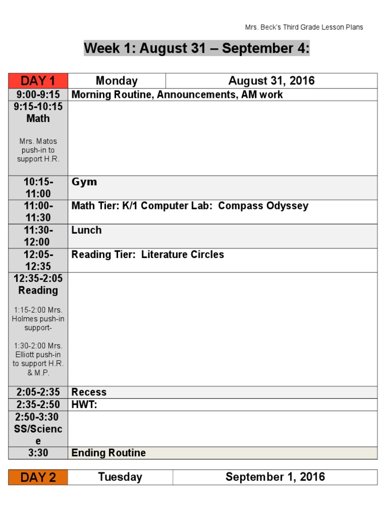 3rd Grade Weekly Lesson Plan | PDF