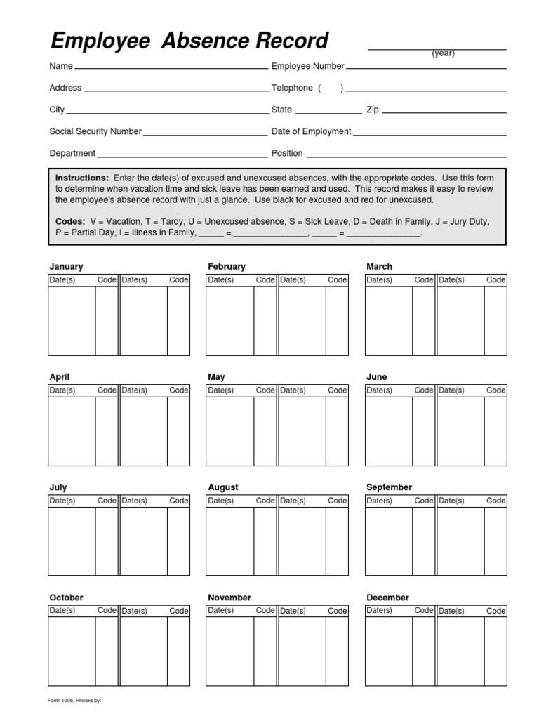 Employee Absence Record Template | PDF | Career & Growth | Finance ...