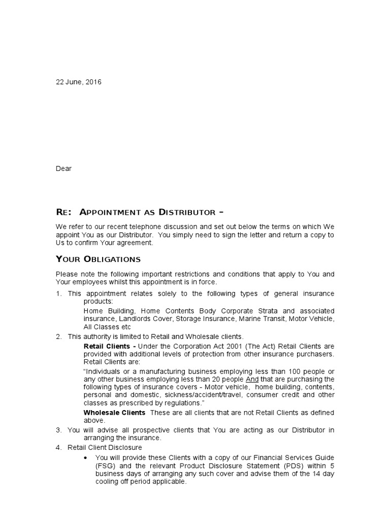 Distributor Letter of Appointment Template Insurance Invoice