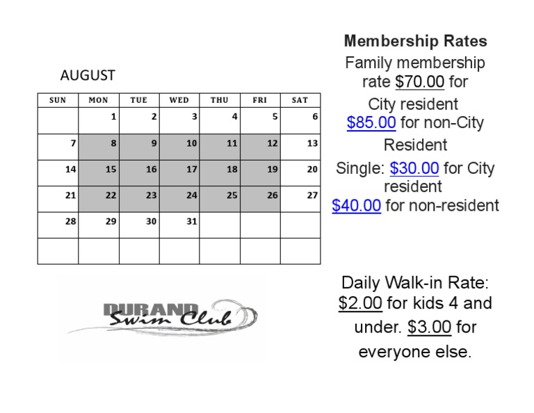 August Membership Rates for Pool | PDF | Home & Garden
