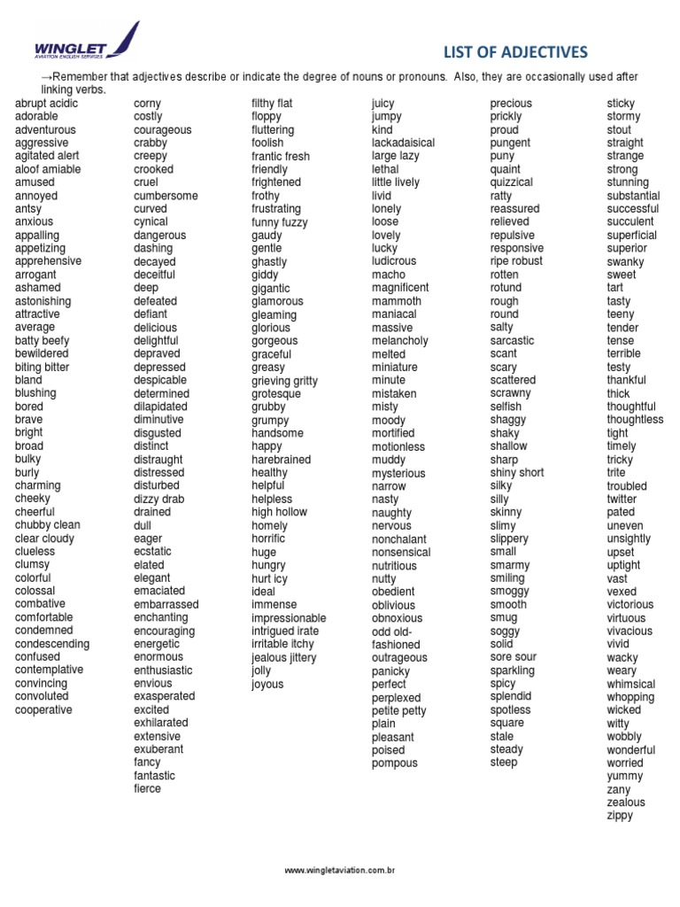 Comprehensive English Adjective List | PDF | Onomastics | Rules