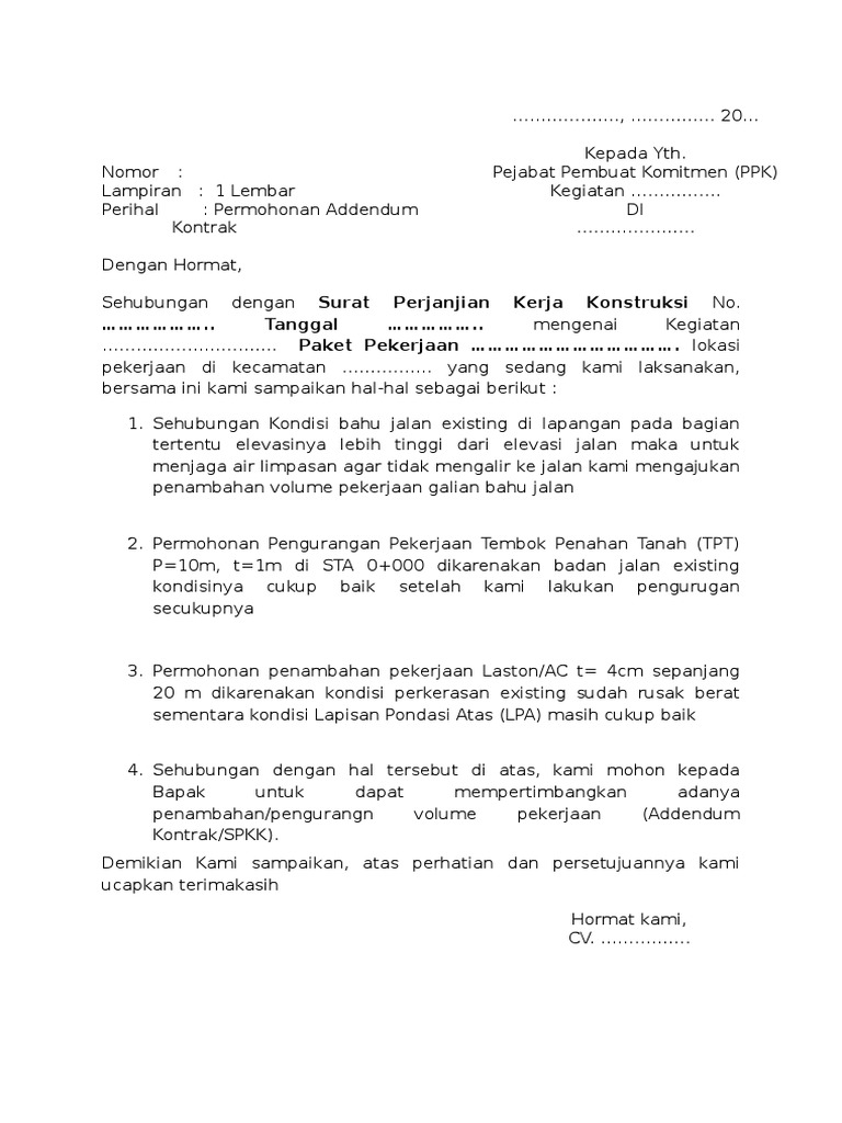 Contoh Permohonan Addendum Kontrak