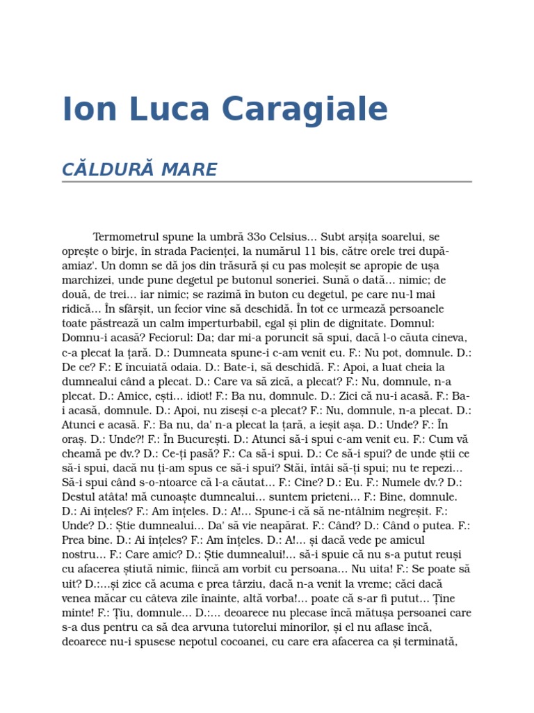 Rezumat Ion Luca Caragiale Ion Luca Caragiale - Caldura Mare | PDF