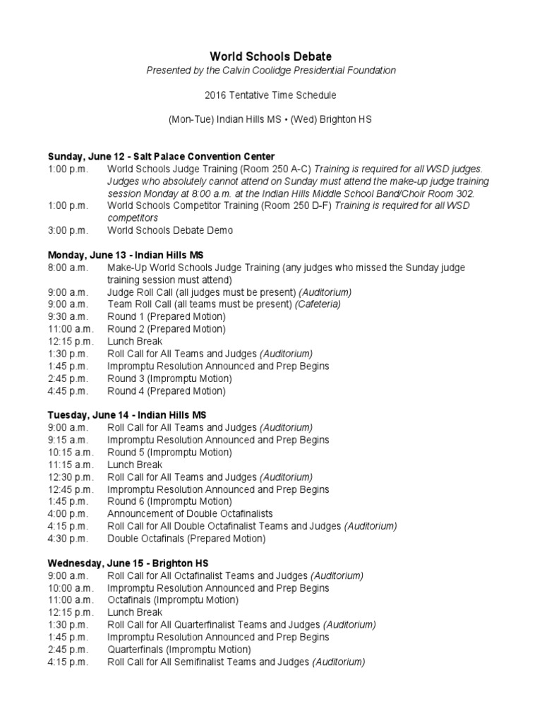 World Schools Debate Schedule | PDF | Cooking, Food & Wine