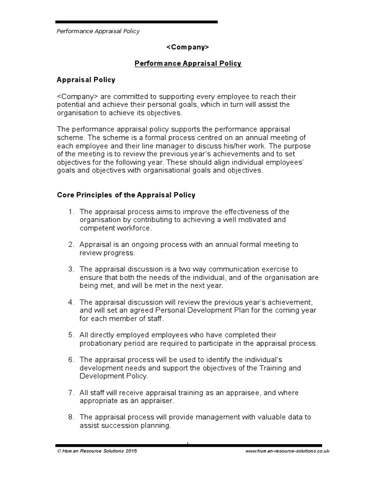 Appraisal Policy Sample | PDF | Performance Appraisal | Goal