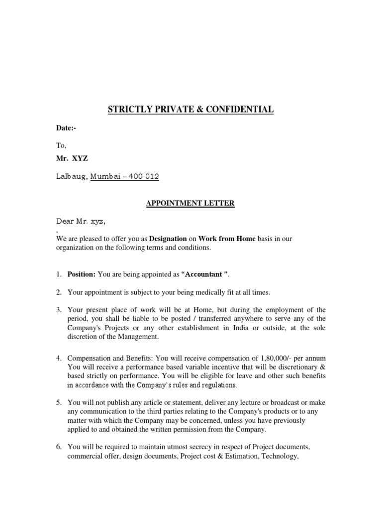 Appointment Letter FORMAT Civil Law (Legal System) Business Law