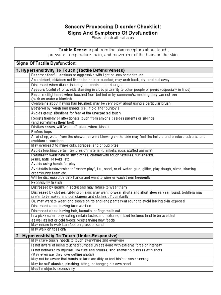 Sensory Processing Disorder Checklist Odor Somatosensory System