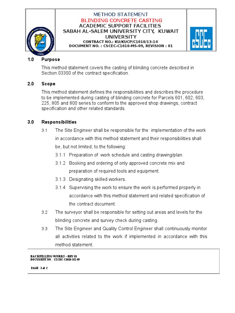 Blinding Concrete Casting Method Statement | PDF | Specification ...