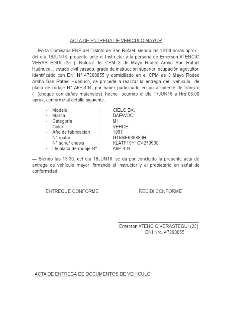Acta de Entrega de Vehiculo  PDF  Transporte  Transporte por carretera