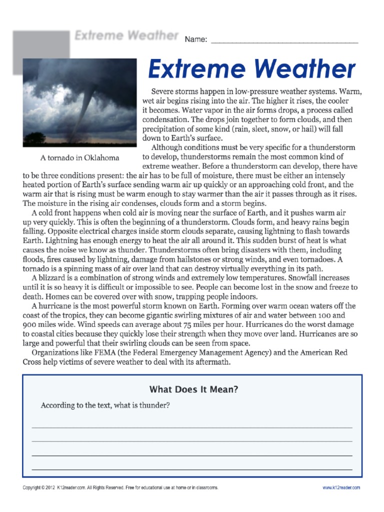 sixth grade reading comprehension worksheet extreme weatherpdf