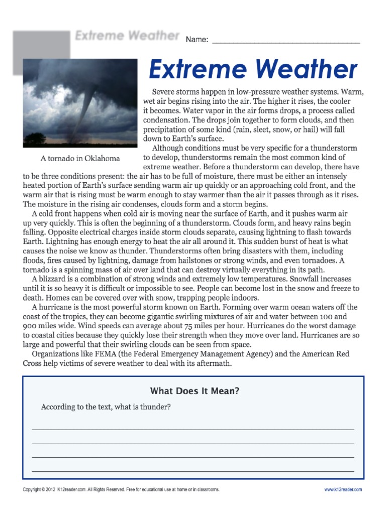 Sixth Grade Reading Comprehension Worksheet Extreme Weather pdf