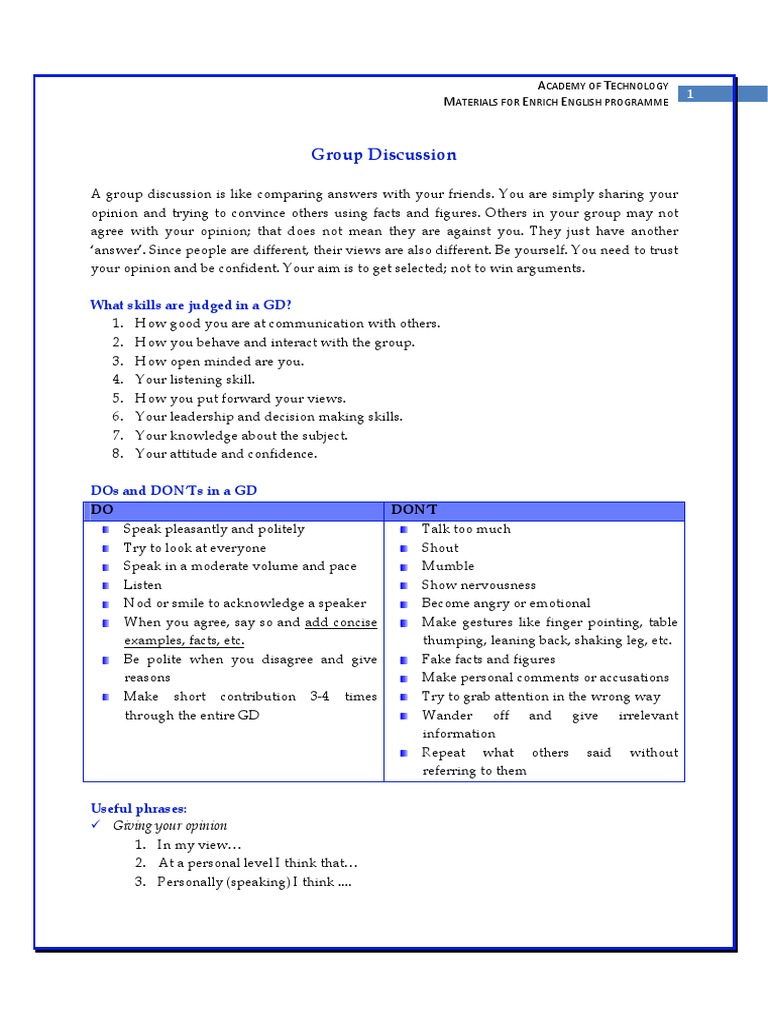 Dos and Don'ts of Group Discussion | PDF | Master Of Business ...